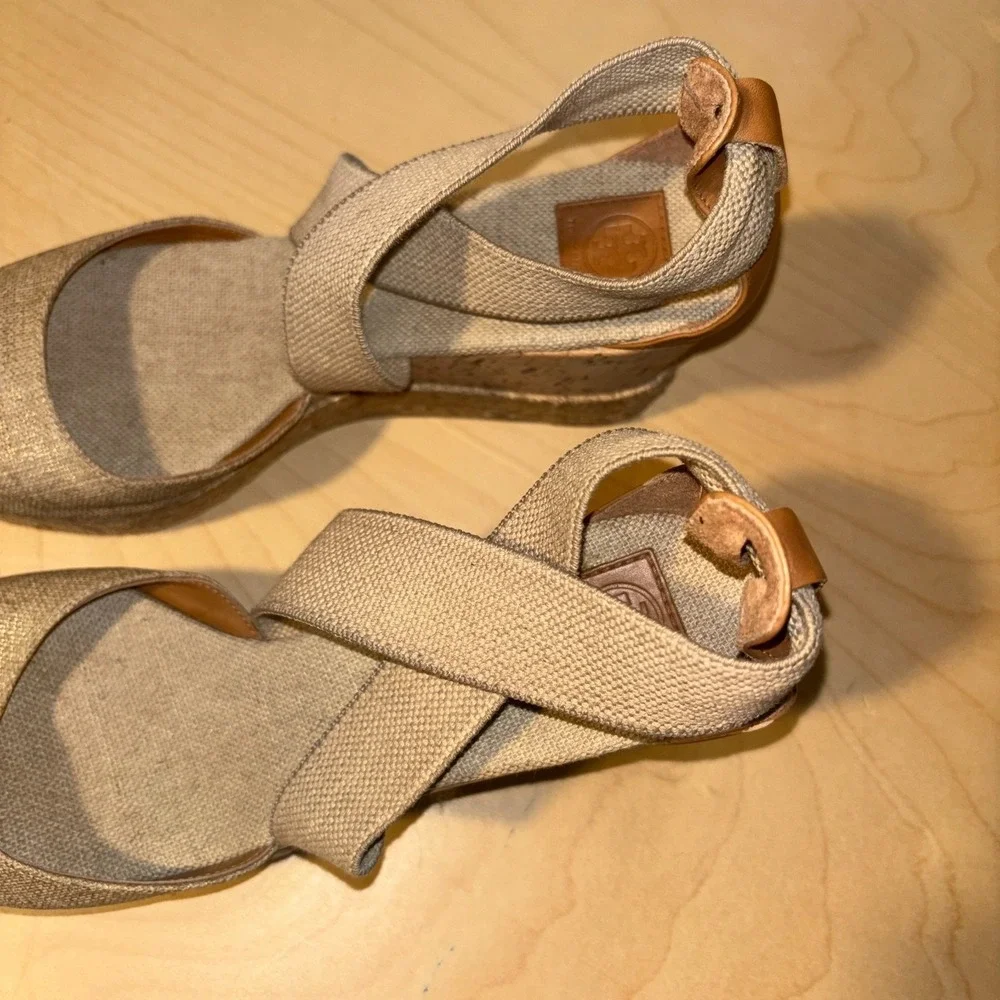 Tory Burch Natanya Espadrille Wedges Women Sz 7 Beige Linen Cork Sandal Spain